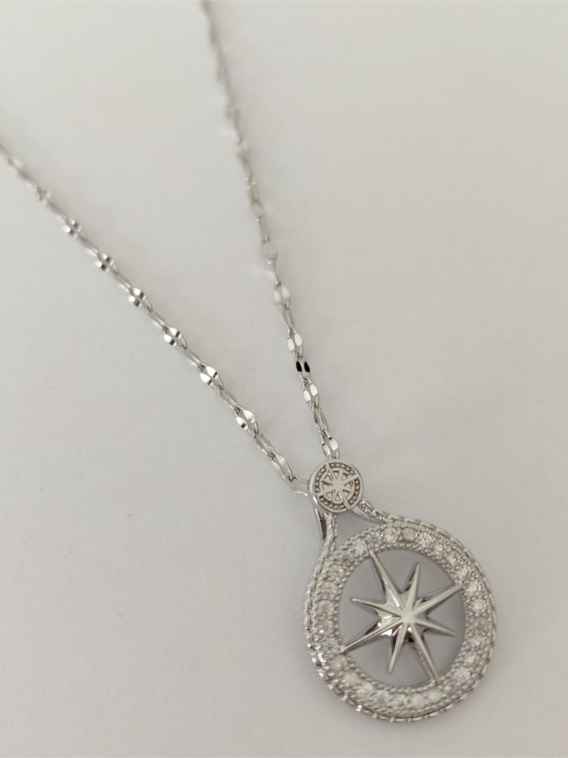 Ta�l� Pusula �elik Kolye Silver 